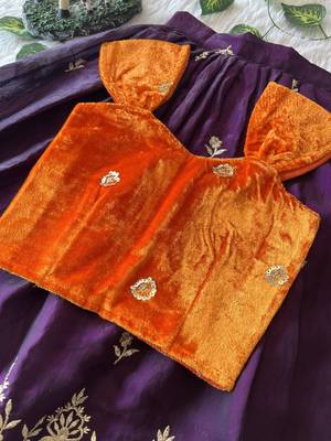 Purple fendy silk embroidered lehenga with orange velvet work blouse for kids 2