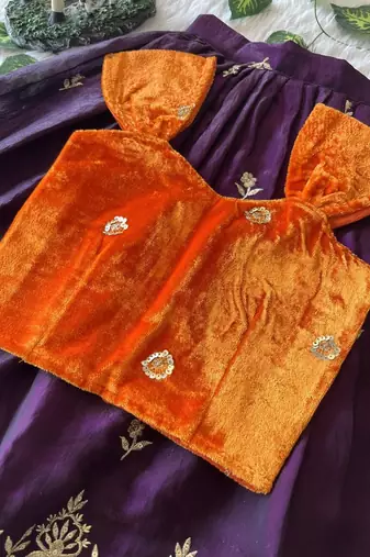 Purple fendy silk embroidered lehenga with orange velvet work blouse for kids