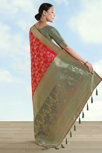 Red banarasi silk blend jacuard work saree with unstitched blouse piece