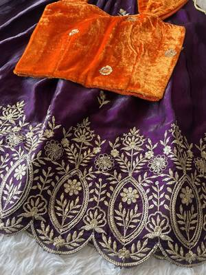 Purple fendy silk embroidered lehenga with orange velvet work blouse for kids 3