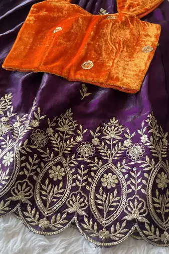 Purple fendy silk embroidered lehenga with orange velvet work blouse for kids