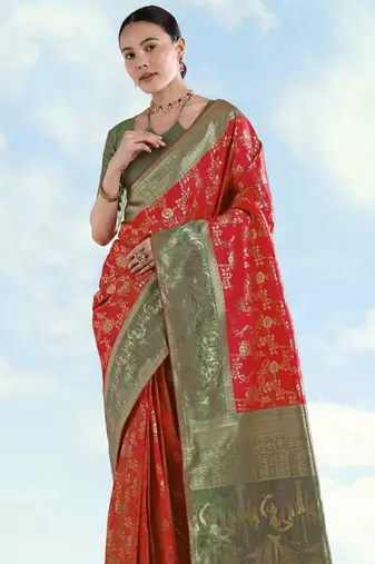 Red banarasi silk blend jacuard work saree with unstitched blouse piece