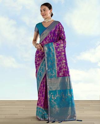 Purple banarasi silk blend jacuard work saree with unstitched blouse piece 1