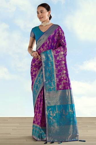 Purple banarasi silk blend jacuard work saree with unstitched blouse piece