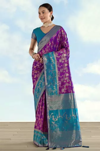 Purple banarasi silk blend jacuard work saree with unstitched blouse piece
