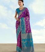 Purple banarasi silk blend jacuard work saree with unstitched blouse piece