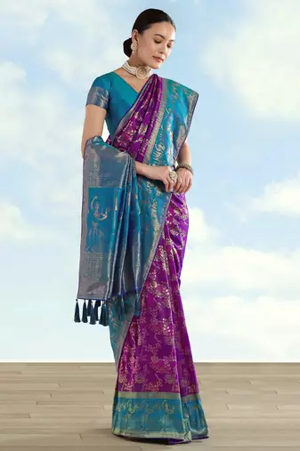 Purple banarasi silk blend jacuard work saree with unstitched blouse piece