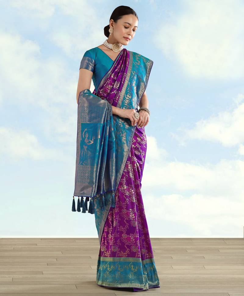 Purple banarasi silk blend jacuard work saree with unstitched blouse piece