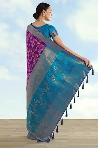 Purple banarasi silk blend jacuard work saree with unstitched blouse piece