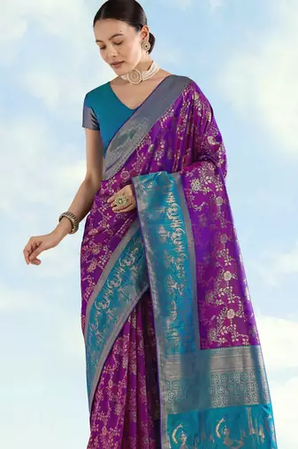 Purple banarasi silk blend jacuard work saree with unstitched blouse piece