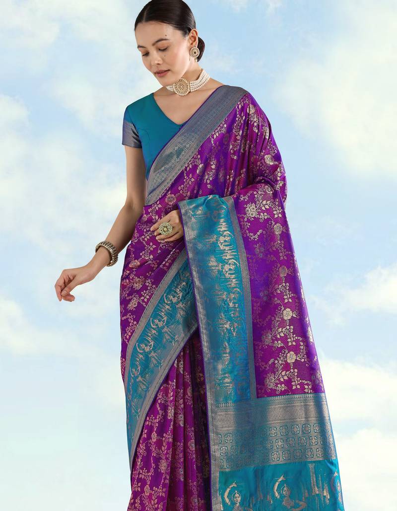 Purple banarasi silk blend jacuard work saree with unstitched blouse piece