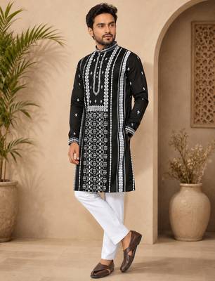 Black color embroidery and silver sequence work silk men's kurta payjama set 2