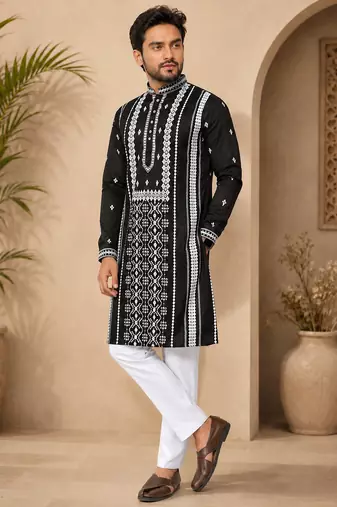 Black color embroidery and silver sequence work silk men's kurta payjama set