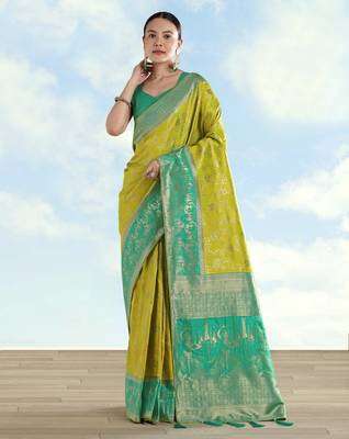 Parrot green banarasi silk blend jacuard work saree with unstitched blouse piece 1
