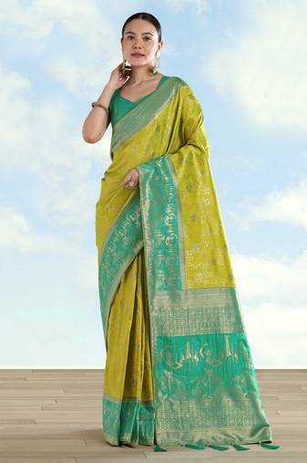 Parrot green banarasi silk blend jacuard work saree with unstitched blouse piece