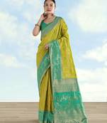 Parrot green banarasi silk blend jacuard work saree with unstitched blouse piece