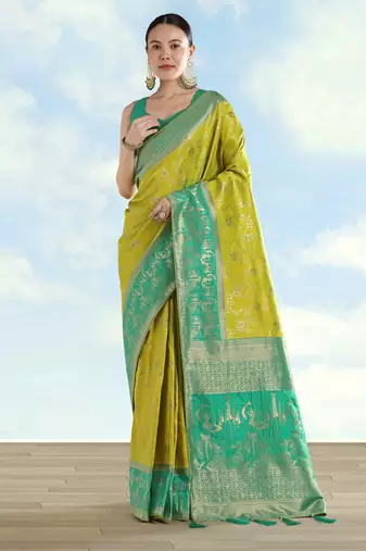 Parrot green banarasi silk blend jacuard work saree with unstitched blouse piece