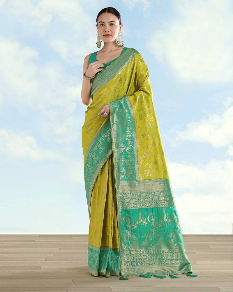 Parrot green banarasi silk blend jacuard work saree with unstitched blouse piece