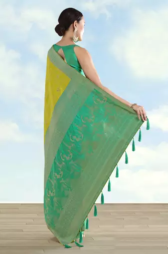Parrot green banarasi silk blend jacuard work saree with unstitched blouse piece