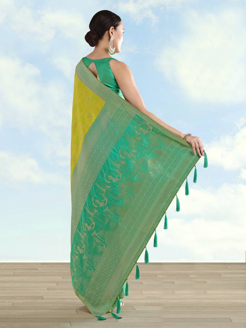 Parrot green banarasi silk blend jacuard work saree with unstitched blouse piece