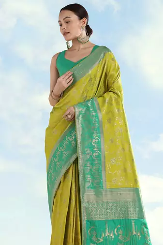 Parrot green banarasi silk blend jacuard work saree with unstitched blouse piece