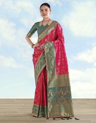Pink banarasi silk blend jacuard work saree with unstitched blouse piece 1