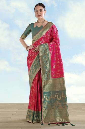 Pink banarasi silk blend jacuard work saree with unstitched blouse piece