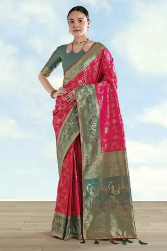 Pink banarasi silk blend jacuard work saree with unstitched blouse piece