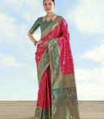 Pink banarasi silk blend jacuard work saree with unstitched blouse piece