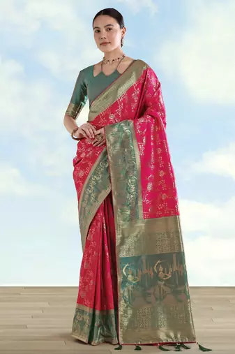 Pink banarasi silk blend jacuard work saree with unstitched blouse piece