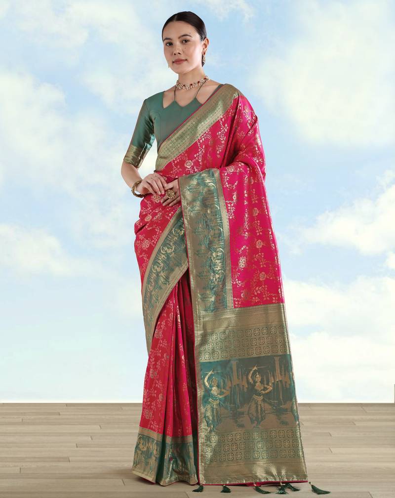 Pink banarasi silk blend jacuard work saree with unstitched blouse piece