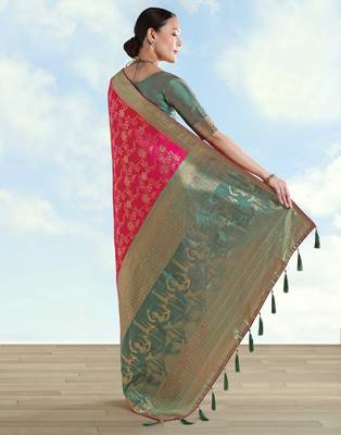 Pink banarasi silk blend jacuard work saree with unstitched blouse piece 3