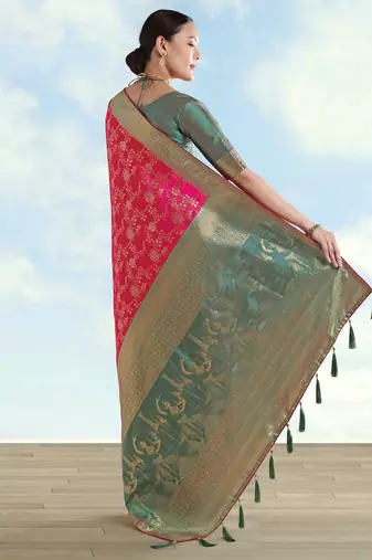 Pink banarasi silk blend jacuard work saree with unstitched blouse piece