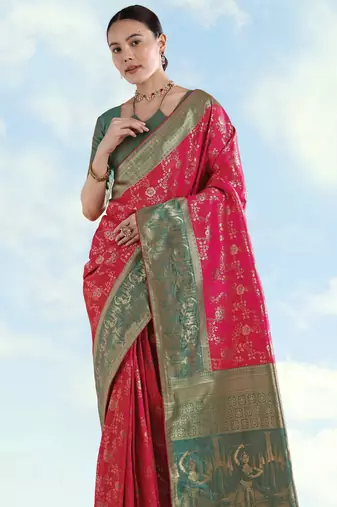Pink banarasi silk blend jacuard work saree with unstitched blouse piece