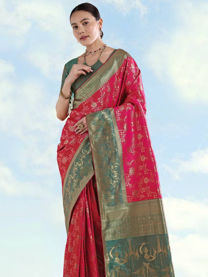 Pink banarasi silk blend jacuard work saree with unstitched blouse piece