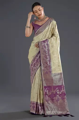 Cream banarasi silk blend jacuard work saree with unstitched blouse piece