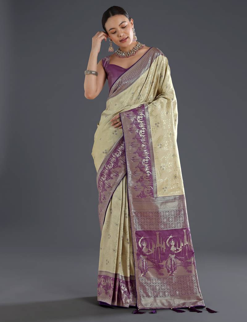Cream banarasi silk blend jacuard work saree with unstitched blouse piece