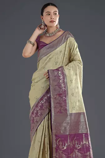 Cream banarasi silk blend jacuard work saree with unstitched blouse piece