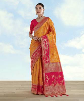 Masturd yellow banarasi silk blend jacuard work saree with unstitched blouse piece 1