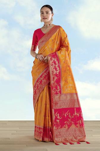 Masturd yellow banarasi silk blend jacuard work saree with unstitched blouse piece