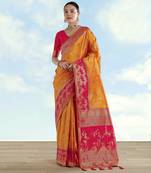 Masturd yellow banarasi silk blend jacuard work saree with unstitched blouse piece