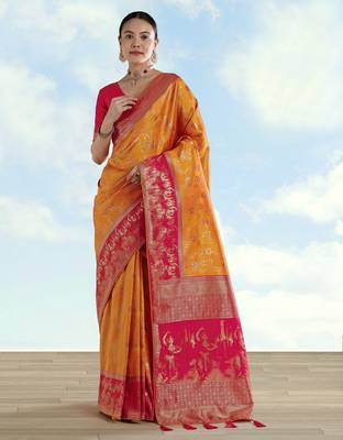 Masturd yellow banarasi silk blend jacuard work saree with unstitched blouse piece 2