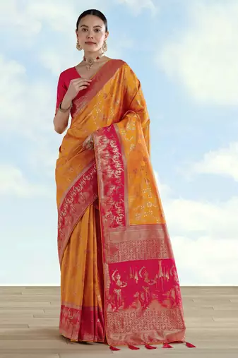 Masturd yellow banarasi silk blend jacuard work saree with unstitched blouse piece