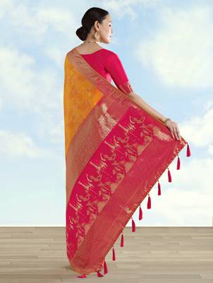 Masturd yellow banarasi silk blend jacuard work saree with unstitched blouse piece 3