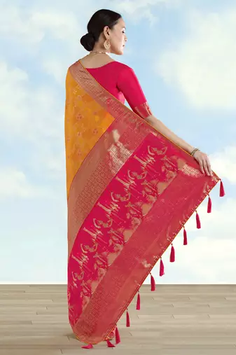 Masturd yellow banarasi silk blend jacuard work saree with unstitched blouse piece