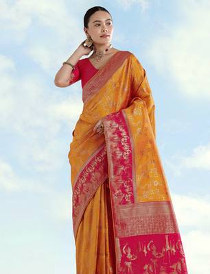 Masturd yellow banarasi silk blend jacuard work saree with unstitched blouse piece 4