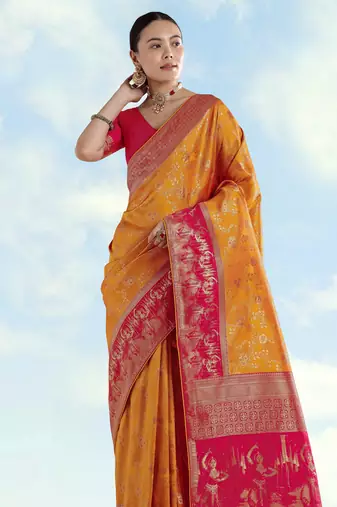 Masturd yellow banarasi silk blend jacuard work saree with unstitched blouse piece