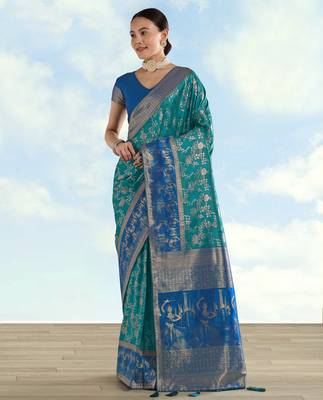 Rama banarasi silk blend jacuard work saree with unstitched blouse piece 1