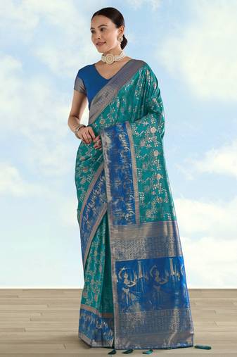 Rama banarasi silk blend jacuard work saree with unstitched blouse piece