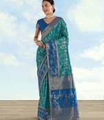 Rama banarasi silk blend jacuard work saree with unstitched blouse piece